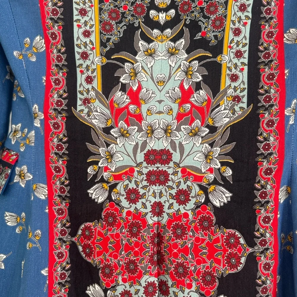 Alice + Olivia Macey Linen Blazer Floral Scarf Print Blue Red Size 2 - Picture 3 of 16
